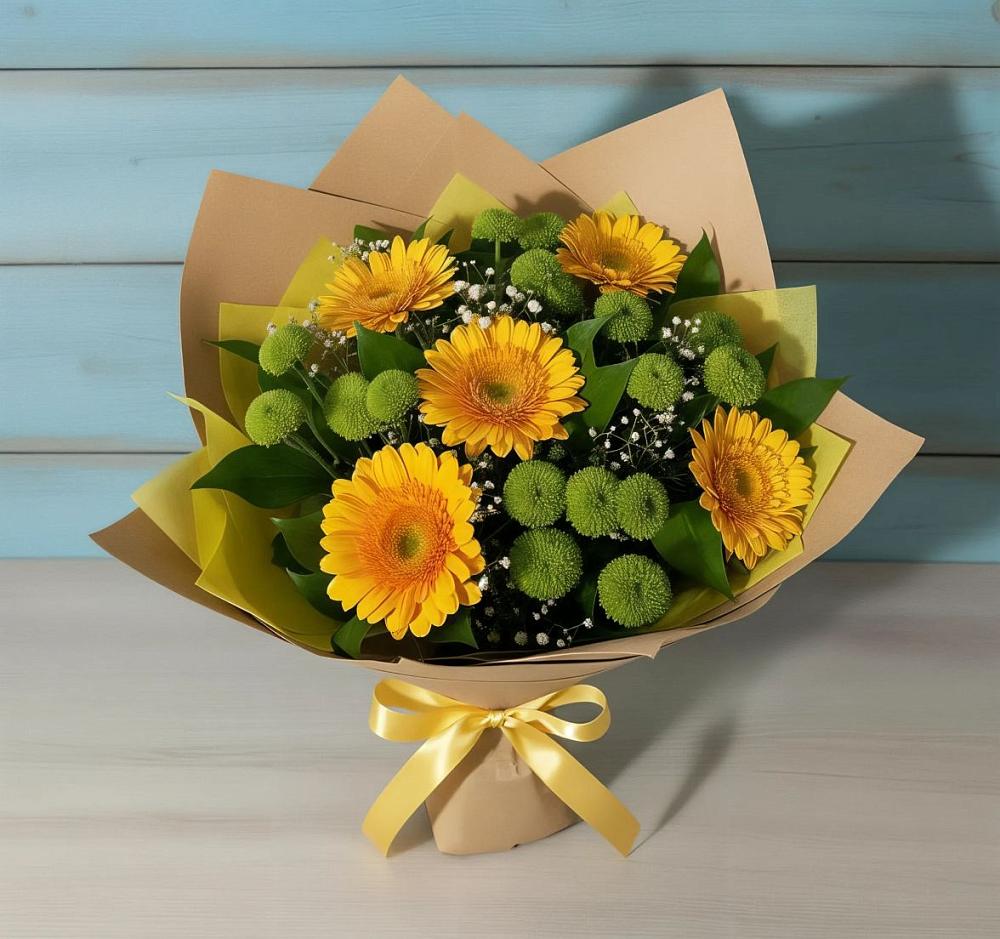 Букет цветов из: Герберы и Хризантемы в Полурядинки