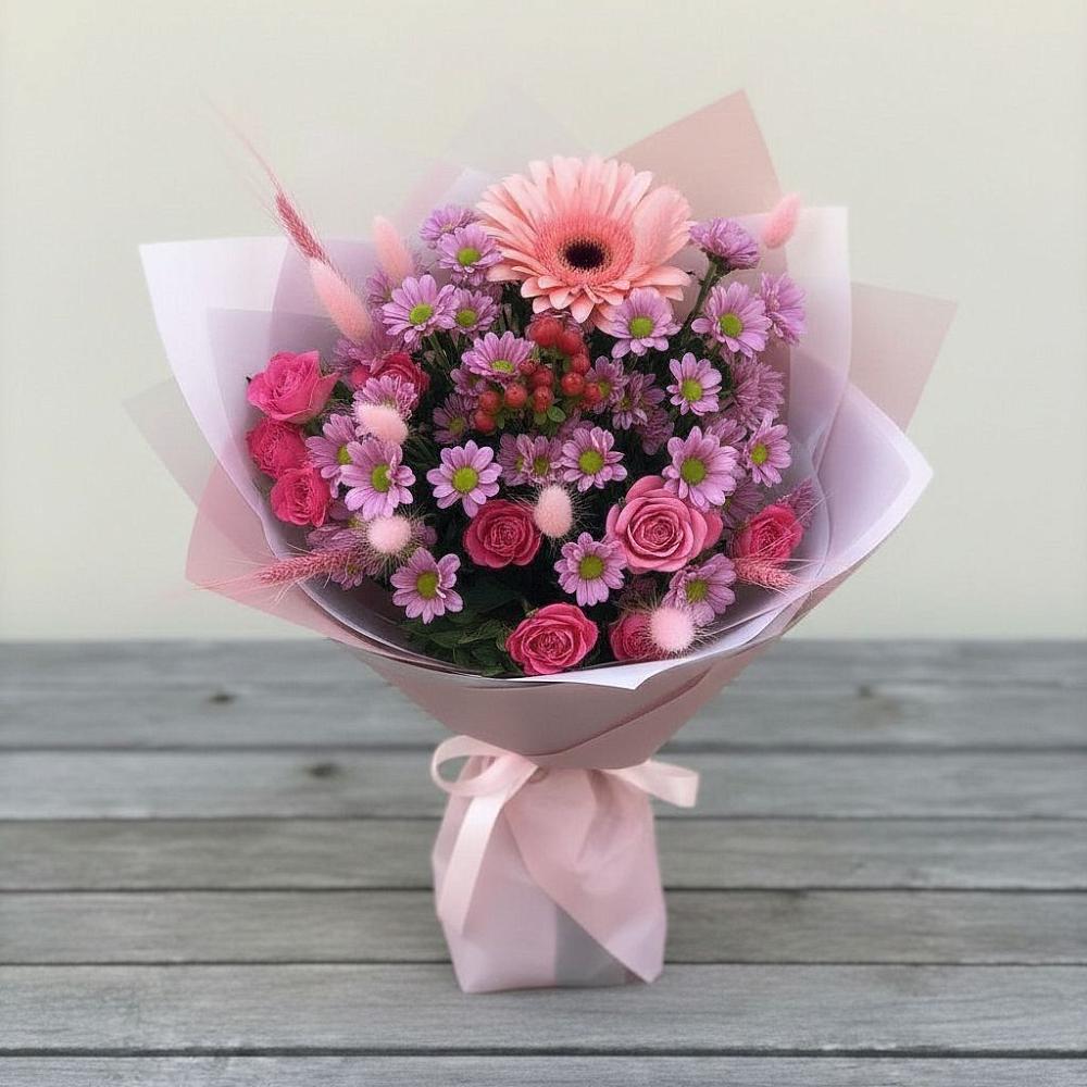 Букет цветов из: Розы, Герберы и Хризантемы в Полурядинки