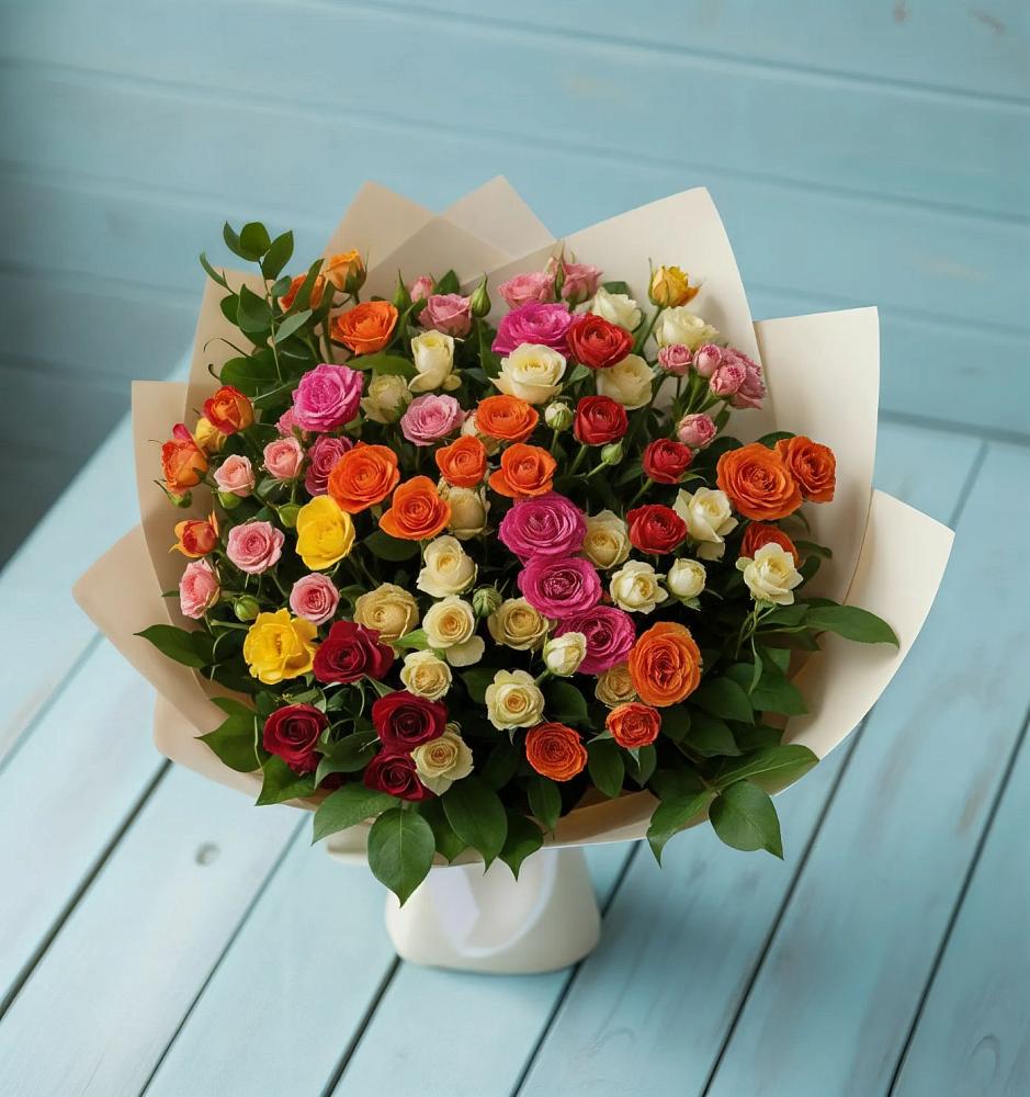Букет Микс из разноцветных кустовых роз в Полурядинки