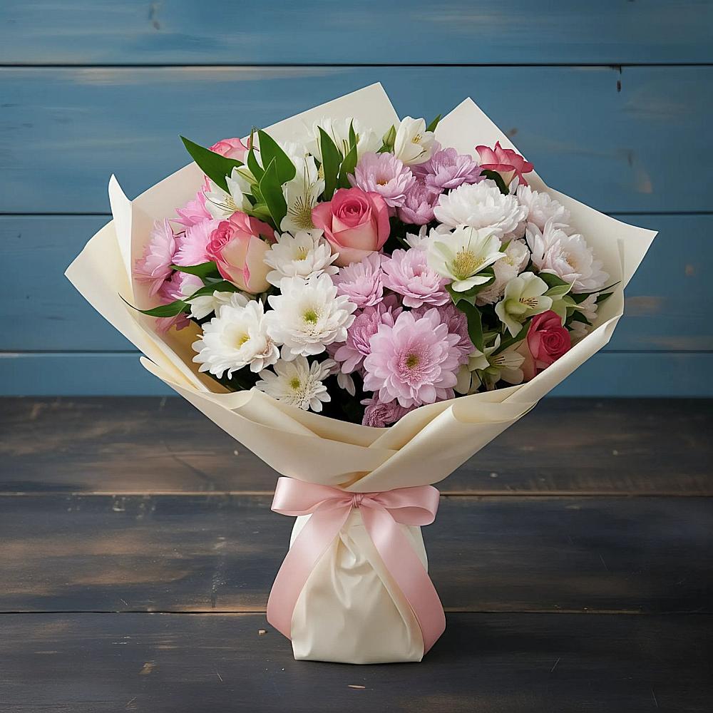 Букет цветов из: Хризантемы, Альстромерии и Розы в Полурядинки